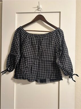 Madewell Black and White Off-Shoulder Plaid Blouse